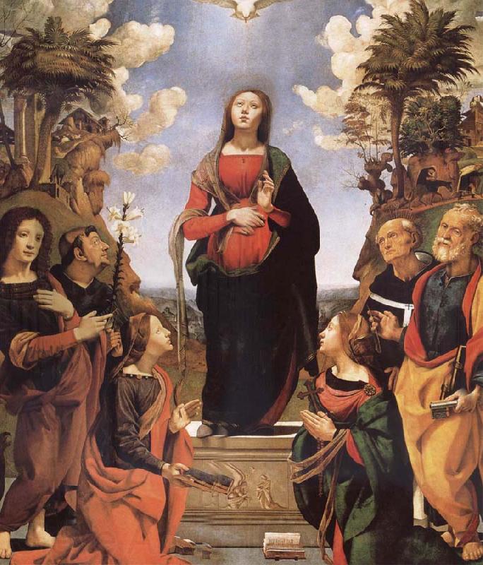 Piero di Cosimo The Immaculada Concepcion and six holy Century XVI I Norge oil painting art